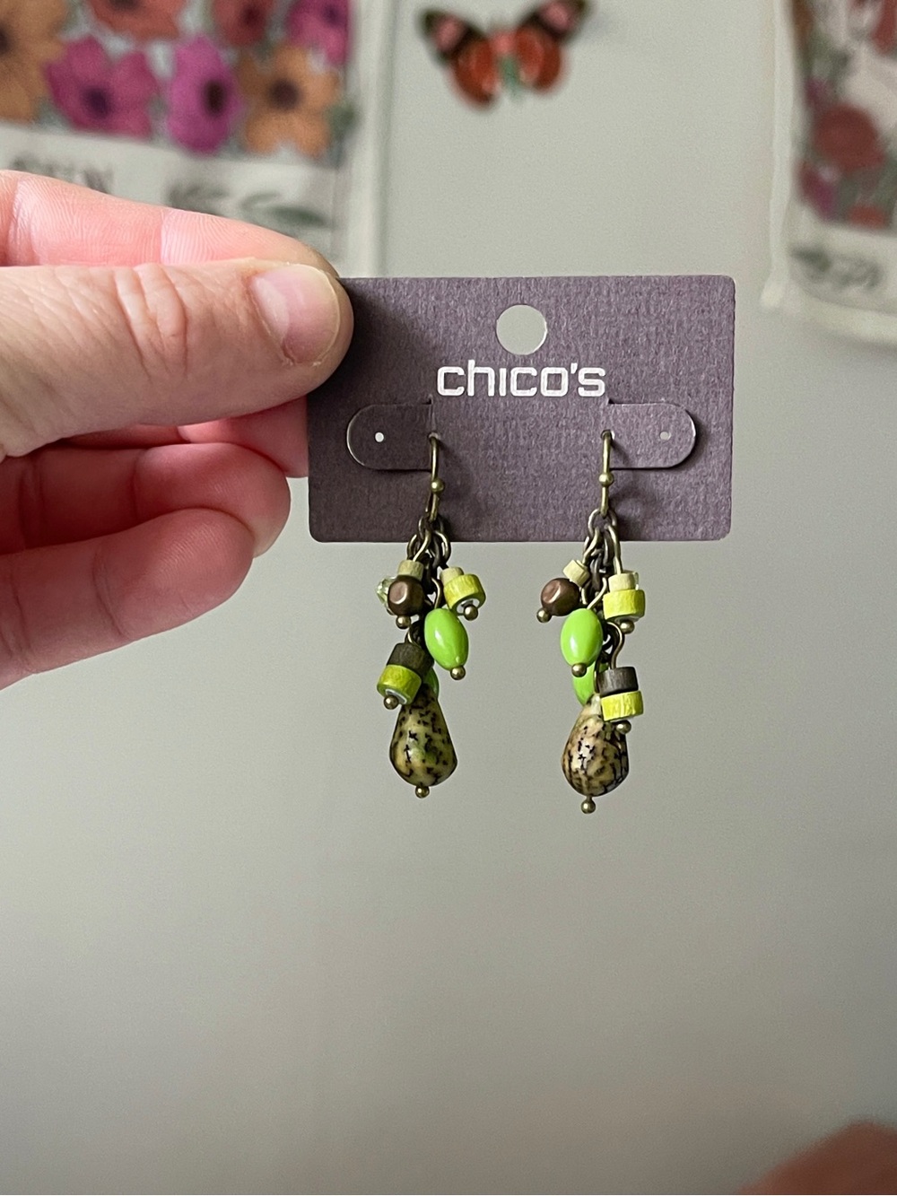 NWT Chico's Boho Green Beaded Dangle Earrings